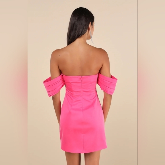 Lulus Totally Haute Hot Pink Satin Pleated Off-the-Shoulder Mini Dress M Wedding - Picture 5 of 9